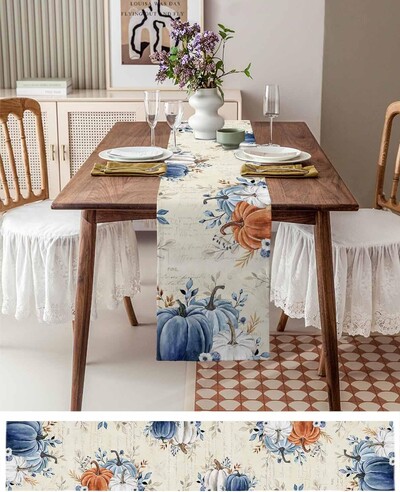 Padėkos dienos dekoravimo lininis stalo bėgikas Mėlynas moliūgų komodos staliukas Vintažinis virtuvės stalas Vestuvių vakarėlio priedai