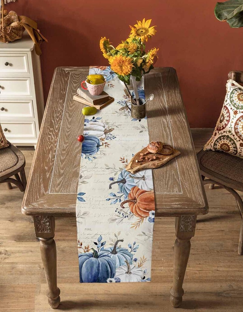 Padėkos dienos dekoravimo lininis stalo bėgikas Mėlynas moliūgų komodos staliukas Vintažinis virtuvės stalas Vestuvių vakarėlio priedai