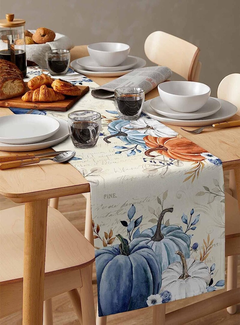 Padėkos dienos dekoravimo lininis stalo bėgikas Mėlynas moliūgų komodos staliukas Vintažinis virtuvės stalas Vestuvių vakarėlio priedai