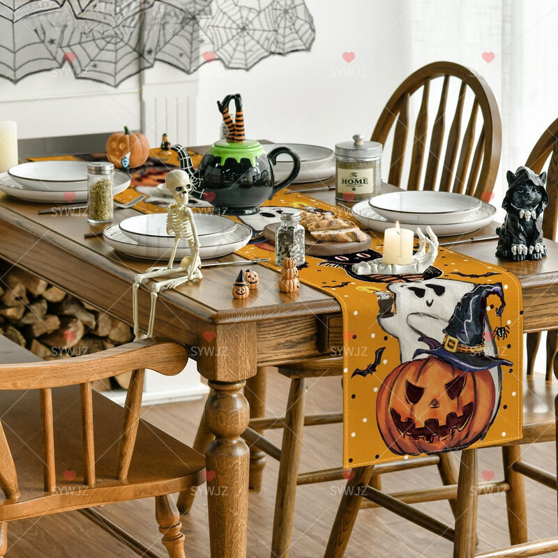 Ροζ πουά φάντασμα κολοκύθας αποκριάτικη διακόσμηση Τραπέζι Runner Bat Φθινοπωρινή διακόσμηση τραπεζιού κουζίνας για διακόσμηση πάρτι σπιτιού