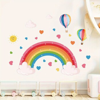 Cartoon Cute Rainbow πολύχρωμα αυτοκόλλητα τοίχου με μπαλόνι καρδιών που αφαιρούνται για το υπνοδωμάτιο νηπιαγωγείο Διακόσμηση τοίχου