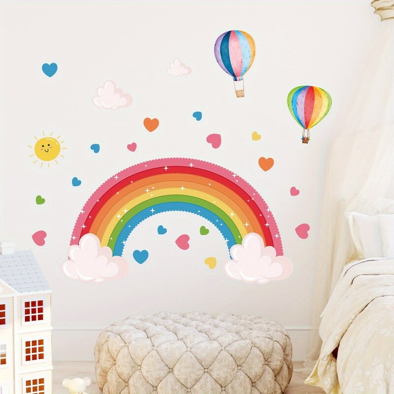 Cartoon Cute Rainbow πολύχρωμα αυτοκόλλητα τοίχου με μπαλόνι καρδιών που αφαιρούνται για το υπνοδωμάτιο νηπιαγωγείο Διακόσμηση τοίχου