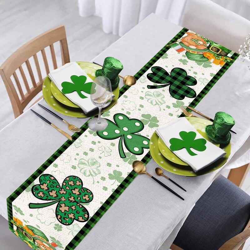 St Patricks Day Lenn Table Runner Gnome Shamrock Τραπέζι Runner St Patrick's Day Διακόσμηση γιορτινό πάρτι κουζίνας Διακόσμηση τραπεζαρίας