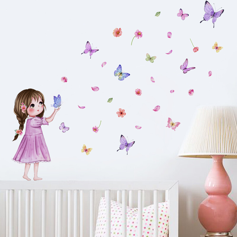 30*40cm Flower Little Girl Color Butterfly Cartoon Χαριτωμένο αυτοκόλλητο τοίχου Διακόσμηση τοίχου σαλονιού Τοιχογραφία Αυτοκόλλητο τοίχου