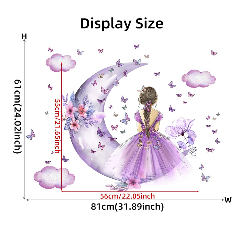 Lány Hold Pillangók Fali matricák Gyerek Lányszoba Hálószoba Dekoráció Bébi Bölcsőde Lakásfelszerelés Kiegészítők Nappali falmatrica