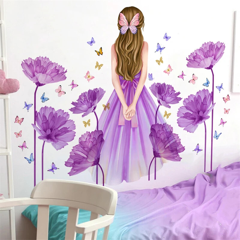 169x113cm Nástenné nálepky s rastlinami a kvetmi pre dievčatá a motýle pre dievčatá, detské izby, obývačka, spálňa, nástenné dekorácie