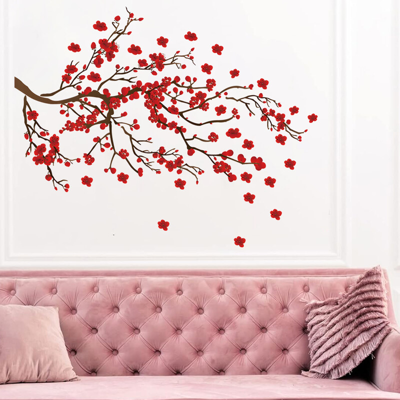 Ακουαρέλα Προσομοίωση Αυτοκόλλητα τοίχου με κλαδί κόκκινο λουλούδι για υπνοδωμάτιο σαλόνι στο φουαγιέ Διακοσμητικά αυτοκόλλητα τοίχου