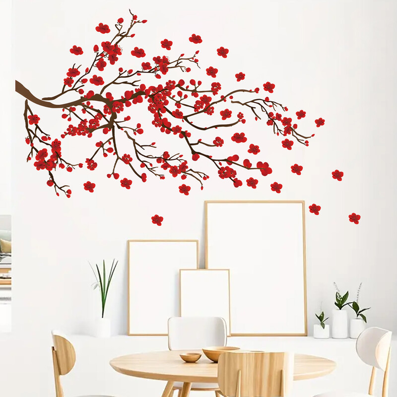 Ακουαρέλα Προσομοίωση Αυτοκόλλητα τοίχου με κλαδί κόκκινο λουλούδι για υπνοδωμάτιο σαλόνι στο φουαγιέ Διακοσμητικά αυτοκόλλητα τοίχου