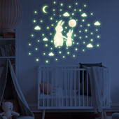 Animacinio filmo baliono triušio šviečiantys sienų lipdukai vaikams miegamojo švytintys tamsoje balti debesys žvaigždės spindi lipdukai kambario apdaila