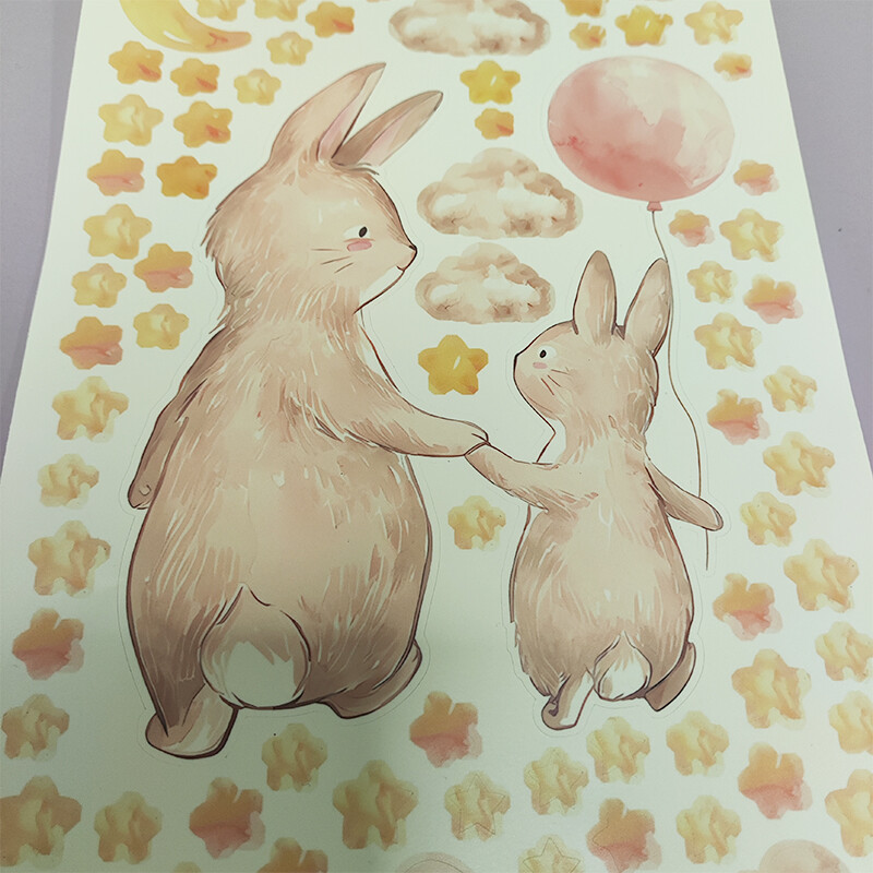 Animacinio filmo baliono triušio šviečiantys sienų lipdukai vaikams miegamojo švytintys tamsoje balti debesys žvaigždės spindi lipdukai kambario apdaila