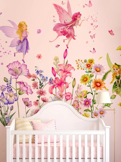 Autocolante de fundal cu flori mari fluture elf fetiță autocolante de perete pentru decorarea camerei copiilor, autocolante