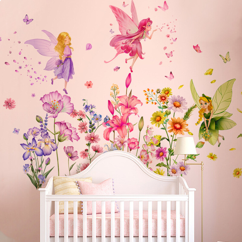 Autocolante de fundal cu flori mari fluture elf fetiță autocolante de perete pentru decorarea camerei copiilor, autocolante