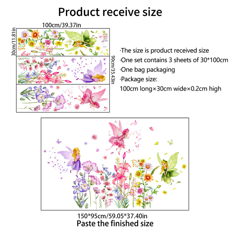 Autocolante de fundal cu flori mari fluture elf fetiță autocolante de perete pentru decorarea camerei copiilor, autocolante