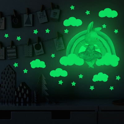 Αυτοκόλλητο αυτοκόλλητο τοίχου με λαμπερό καρτούν, κουνέλι ουράνιο τόξο, Παιδικό δωμάτιο Υπνοδωμάτιο Διακόσμηση σπιτιού Τοιχογραφία Glow In The Dark Αυτοκόλλητη ταπετσαρία