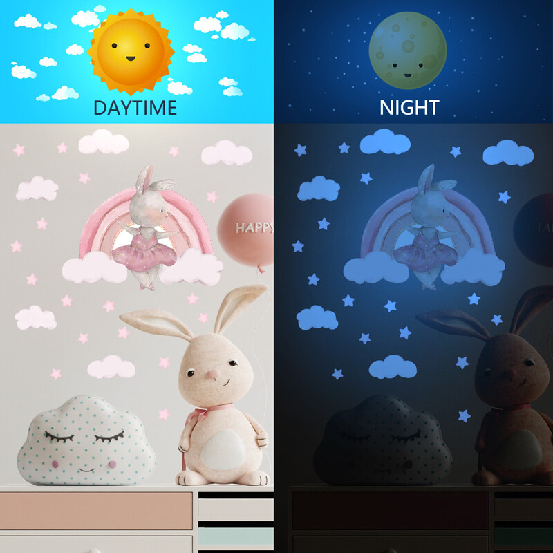 Αυτοκόλλητο αυτοκόλλητο τοίχου με λαμπερό καρτούν, κουνέλι ουράνιο τόξο, Παιδικό δωμάτιο Υπνοδωμάτιο Διακόσμηση σπιτιού Τοιχογραφία Glow In The Dark Αυτοκόλλητη ταπετσαρία