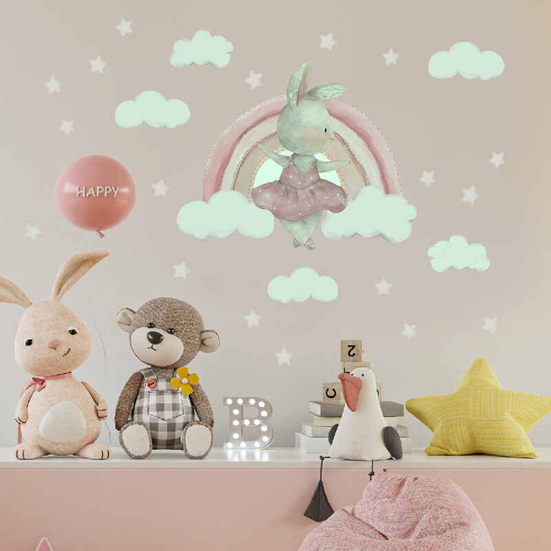 Αυτοκόλλητο αυτοκόλλητο τοίχου με λαμπερό καρτούν, κουνέλι ουράνιο τόξο, Παιδικό δωμάτιο Υπνοδωμάτιο Διακόσμηση σπιτιού Τοιχογραφία Glow In The Dark Αυτοκόλλητη ταπετσαρία