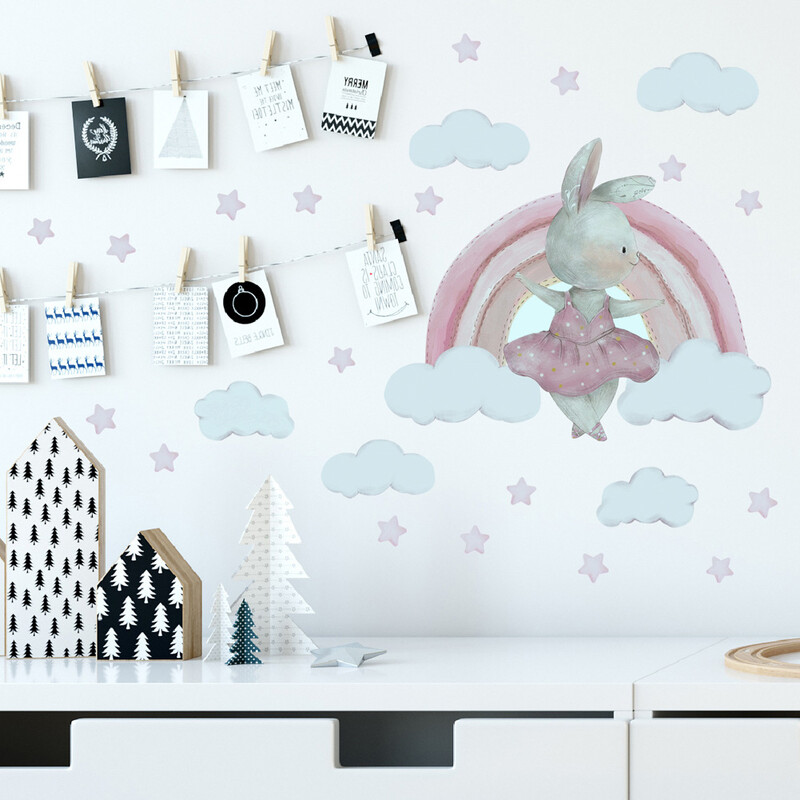 Αυτοκόλλητο αυτοκόλλητο τοίχου με λαμπερό καρτούν, κουνέλι ουράνιο τόξο, Παιδικό δωμάτιο Υπνοδωμάτιο Διακόσμηση σπιτιού Τοιχογραφία Glow In The Dark Αυτοκόλλητη ταπετσαρία