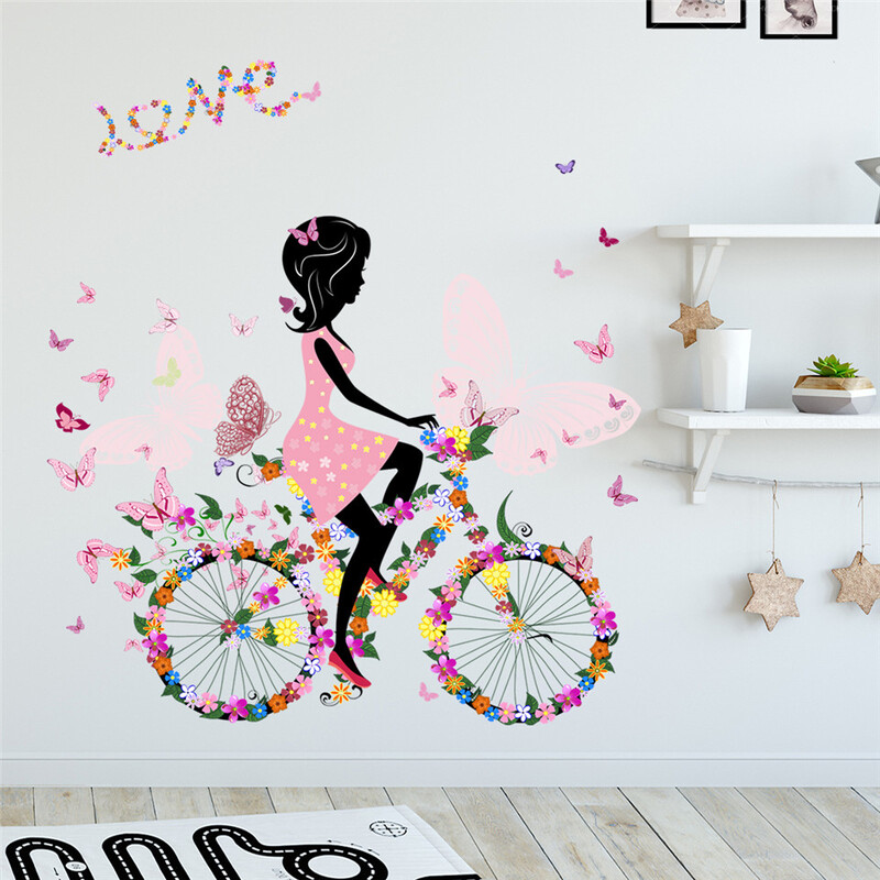 Nástenná nálepka s dievčaťom na bicykli pre dievčenskú izbu, spálňu, dekoráciu tapety, ružovú dievčenskú nástennú maľbu so srdcom, samolepiace vinylové nálepky