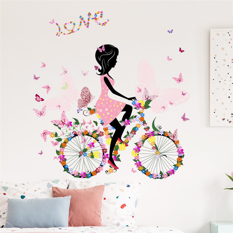 Nástenná nálepka s dievčaťom na bicykli pre dievčenskú izbu, spálňu, dekoráciu tapety, ružovú dievčenskú nástennú maľbu so srdcom, samolepiace vinylové nálepky