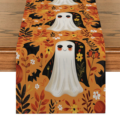 Halloween Cute Ghost Bat Plant Maple Leaf Table Runner Διακόσμηση τραπεζαρίας κουζίνας για δρομείς τραπεζιού εσωτερικού χώρου εξωτερικού χώρου
