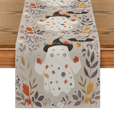 Halloween Cute Ghost Bat Plant Maple Leaf Table Runner Διακόσμηση τραπεζαρίας κουζίνας για δρομείς τραπεζιού εσωτερικού χώρου εξωτερικού χώρου