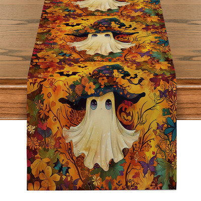 Halloween Cute Ghost Bat Plant Maple Leaf Table Runner Διακόσμηση τραπεζαρίας κουζίνας για δρομείς τραπεζιού εσωτερικού χώρου εξωτερικού χώρου