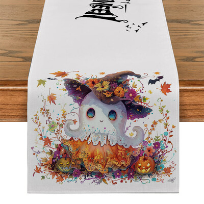 Halloween Cute Ghost Bat Plant Maple Leaf Table Runner Διακόσμηση τραπεζαρίας κουζίνας για δρομείς τραπεζιού εσωτερικού χώρου εξωτερικού χώρου