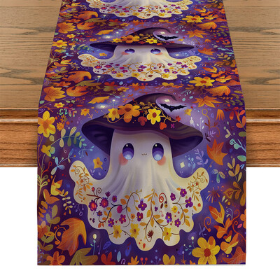 Halloween Cute Ghost Bat Plant Maple Leaf Table Runner Διακόσμηση τραπεζαρίας κουζίνας για δρομείς τραπεζιού εσωτερικού χώρου εξωτερικού χώρου
