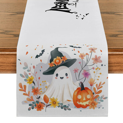 Halloween Cute Ghost Bat Plant Maple Leaf Table Runner Διακόσμηση τραπεζαρίας κουζίνας για δρομείς τραπεζιού εσωτερικού χώρου εξωτερικού χώρου