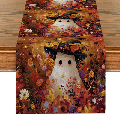 Halloween Cute Ghost Bat Plant Maple Leaf Table Runner Διακόσμηση τραπεζαρίας κουζίνας για δρομείς τραπεζιού εσωτερικού χώρου εξωτερικού χώρου
