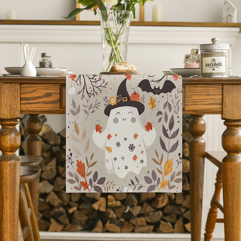 Halloween Cute Ghost Bat Plant Maple Leaf Table Runner Διακόσμηση τραπεζαρίας κουζίνας για δρομείς τραπεζιού εσωτερικού χώρου εξωτερικού χώρου