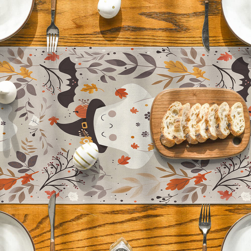Halloween Cute Ghost Bat Plant Maple Leaf Table Runner Διακόσμηση τραπεζαρίας κουζίνας για δρομείς τραπεζιού εσωτερικού χώρου εξωτερικού χώρου