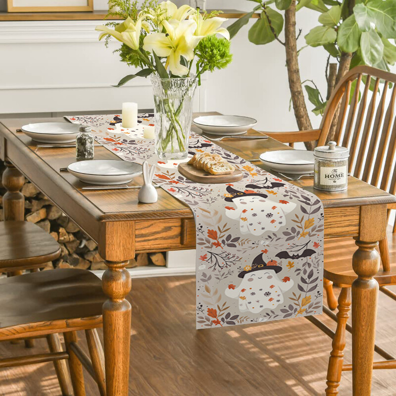 Halloween Cute Ghost Bat Plant Maple Leaf Table Runner Διακόσμηση τραπεζαρίας κουζίνας για δρομείς τραπεζιού εσωτερικού χώρου εξωτερικού χώρου
