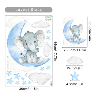 Ακουαρέλα Cartoon Elephant Moon Stars Μπλε πράσινα αυτοκόλλητα τοίχου Αυτοκόλλητα τοίχου παιδικού σταθμού Αφίσες τέχνης Παιδικό υπνοδωμάτιο Εσωτερική διακόσμηση σπιτιού
