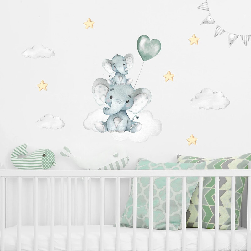 Ακουαρέλα Cartoon Elephant Moon Stars Μπλε πράσινα αυτοκόλλητα τοίχου Αυτοκόλλητα τοίχου παιδικού σταθμού Αφίσες τέχνης Παιδικό υπνοδωμάτιο Εσωτερική διακόσμηση σπιτιού