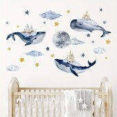 Καρτούν Cute Whale Cloud Moon House Marine Animal Αυτοκόλλητα τοίχου για Διακόσμηση Νηπιαγωγείου Υπνοδωματίου Χαλκομανίες τοίχου