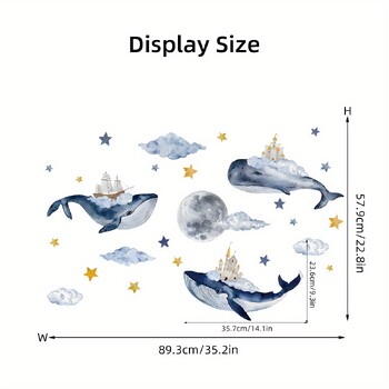 Карикатура Сладък кит Облак Луна Къща Морски животни Стикери за стена за спалня Всекидневна Декорация на детска стая Стикери за стена