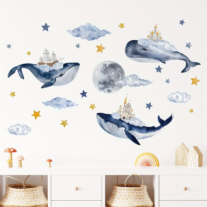 Καρτούν Cute Whale Cloud Moon House Marine Animal Αυτοκόλλητα τοίχου για Διακόσμηση Νηπιαγωγείου Υπνοδωματίου Χαλκομανίες τοίχου