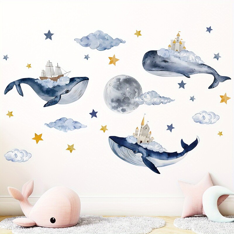 Καρτούν Cute Whale Cloud Moon House Marine Animal Αυτοκόλλητα τοίχου για Διακόσμηση Νηπιαγωγείου Υπνοδωματίου Χαλκομανίες τοίχου