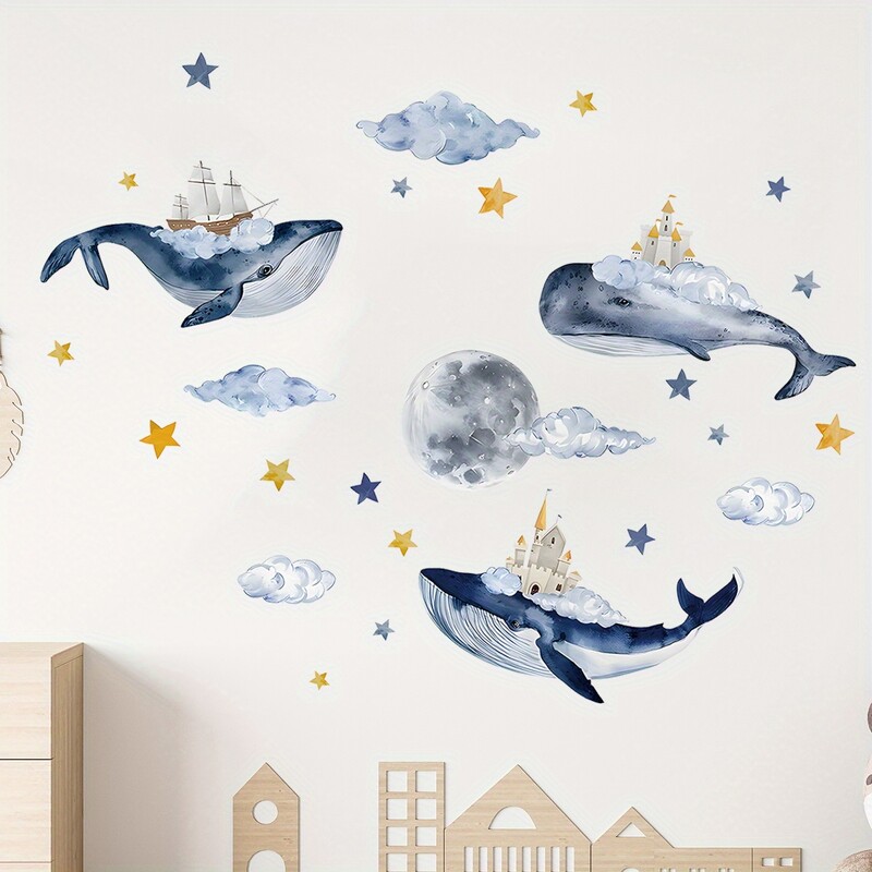 Καρτούν Cute Whale Cloud Moon House Marine Animal Αυτοκόλλητα τοίχου για Διακόσμηση Νηπιαγωγείου Υπνοδωματίου Χαλκομανίες τοίχου