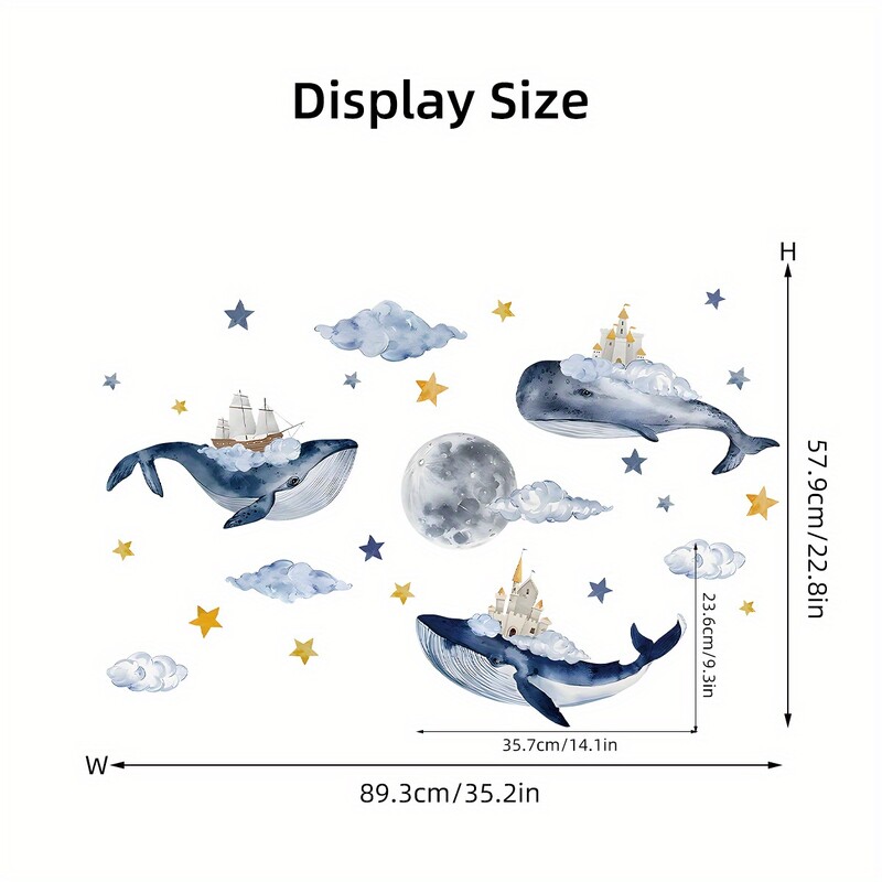 Καρτούν Cute Whale Cloud Moon House Marine Animal Αυτοκόλλητα τοίχου για Διακόσμηση Νηπιαγωγείου Υπνοδωματίου Χαλκομανίες τοίχου