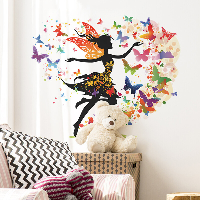 „Fantasy Creative Butterfly Fairy“ sieninis lipdukas, skirtas mergaitei, miegamasis Svetainės pasakų namų dekoras Sienų lipdukai Vaikų kambario tapetai