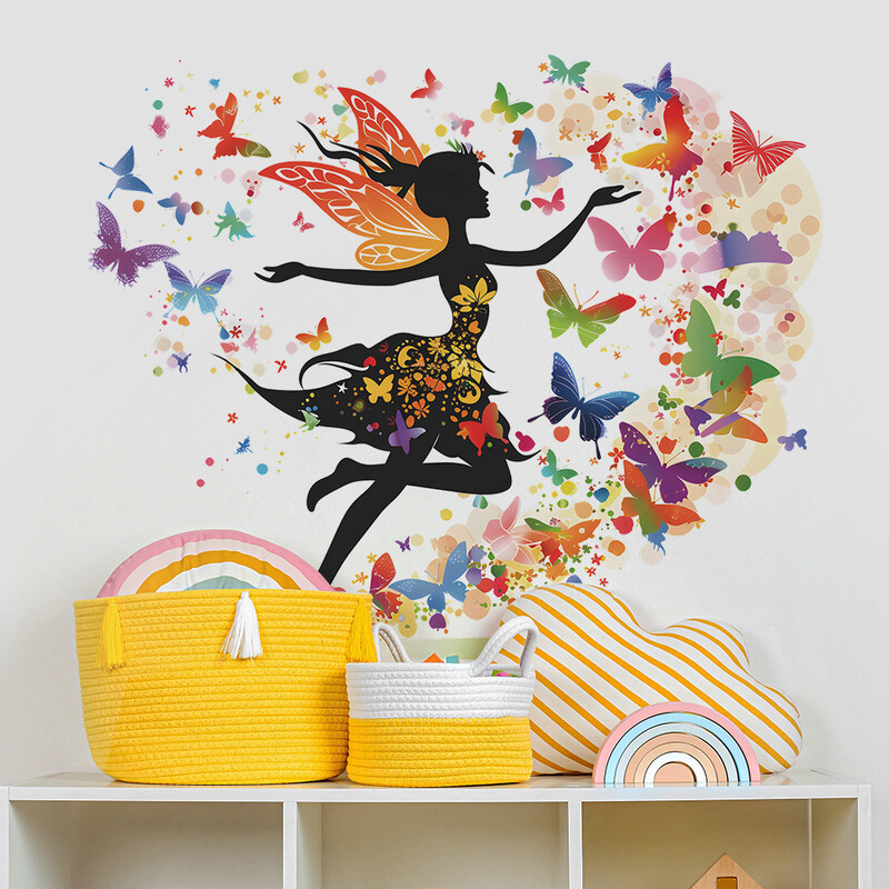 „Fantasy Creative Butterfly Fairy“ sieninis lipdukas, skirtas mergaitei, miegamasis Svetainės pasakų namų dekoras Sienų lipdukai Vaikų kambario tapetai