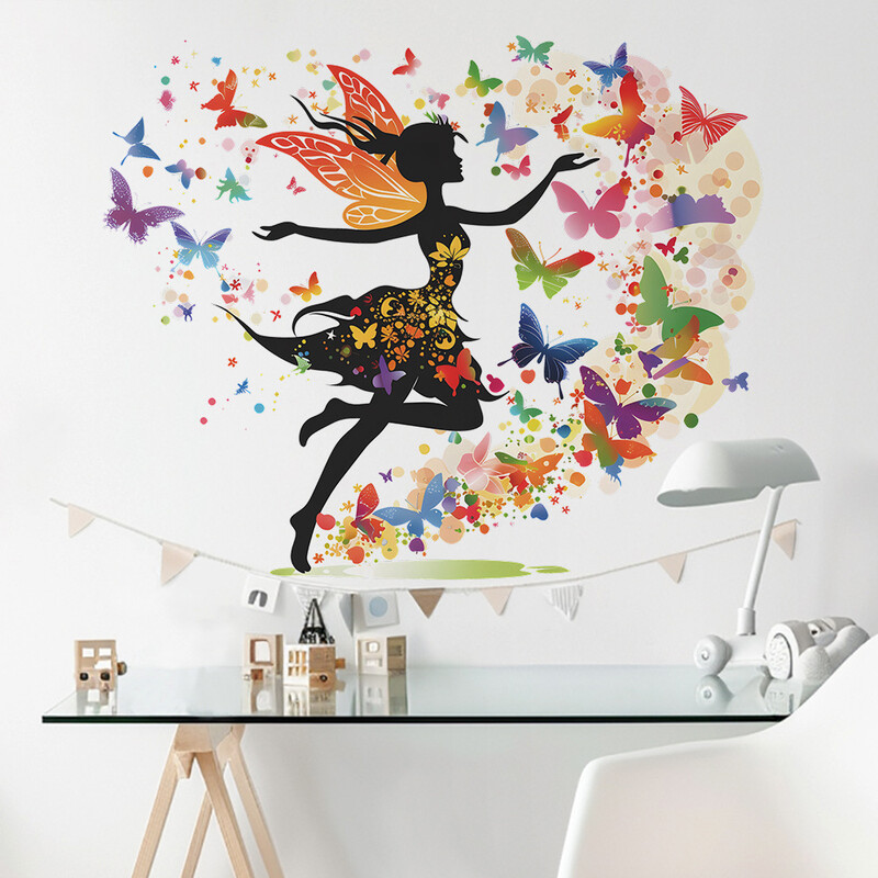 „Fantasy Creative Butterfly Fairy“ sieninis lipdukas, skirtas mergaitei, miegamasis Svetainės pasakų namų dekoras Sienų lipdukai Vaikų kambario tapetai