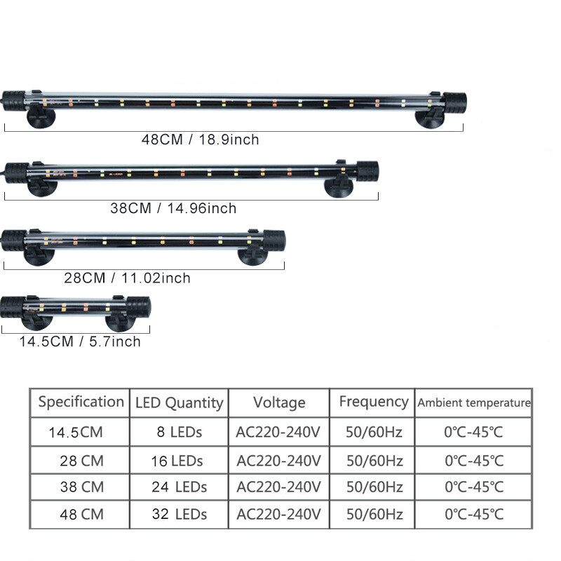 14-48CM akvariumo šviesa žuvų tanko panardinamoji šviesos lempa vandeniui atspari povandeninė LED lemputė Akvariumo apšvietimas 220V-240V ES kištukas