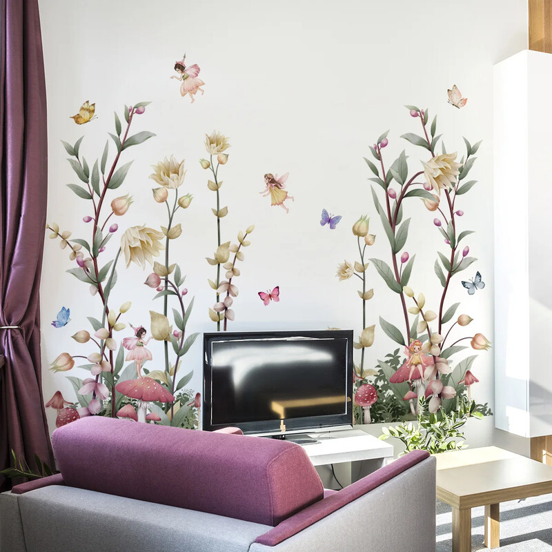 Autocolante de perete cu flori Fluturi Autocolante botanice de perete Autocolante cu zâne Decori de perete detașabile din PVC pentru dormitor de fete