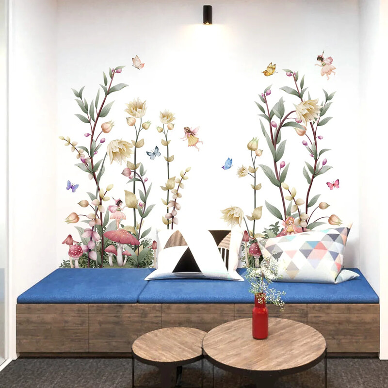 Autocolante de perete cu flori Fluturi Autocolante botanice de perete Autocolante cu zâne Decori de perete detașabile din PVC pentru dormitor de fete