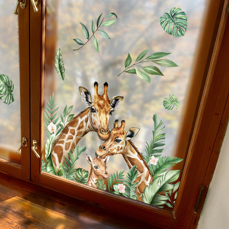 Aranyos Zsiráf család Zöld Levelek Fali matricák Gyerekek Babaszoba Dekoráció Tapéta Nappali Hálószoba Fali Dísz Állatok Falmatricák