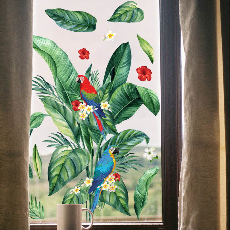 Autocolante de perete cu frunze de plante tropicale Pădure tropicală nordică Plante verzi Decal pentru fereastră Mural DIY pentru decorarea camerei copiilor