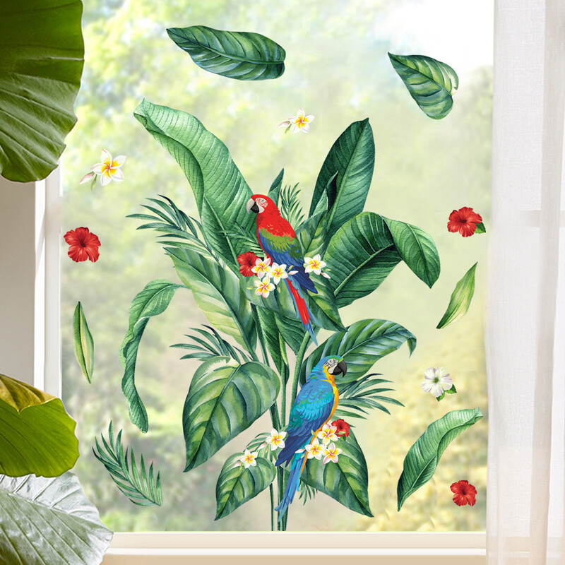 Autocolante de perete cu frunze de plante tropicale Pădure tropicală nordică Plante verzi Decal pentru fereastră Mural DIY pentru decorarea camerei copiilor